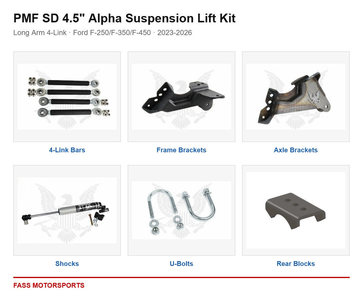 PMF SD 4.5 inch Alpha Suspension Lift Kit - Long Arm 4-Link | Ford F-250/F-350/F-450 | 2023-2026 - kit components