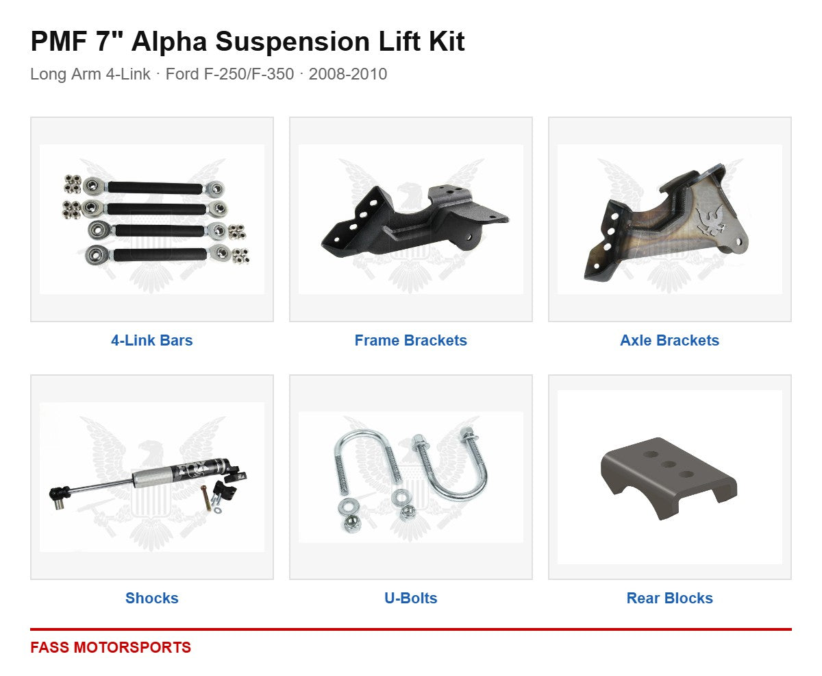 PMF 7 inch Alpha Suspension Lift Kit - Long Arm 4-Link | Ford F-250/F-350 | 2008-2010 - kit components