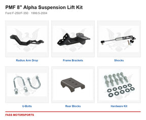 PMF 8 inch Alpha Suspension Lift Kit - Ford F-250/F-350 | 1999.5-2004 - kit components