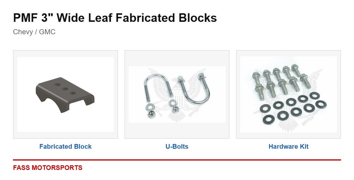 PMF 3 inch Wide Leaf Fabricated Blocks - Chevy / GMC - kit components
