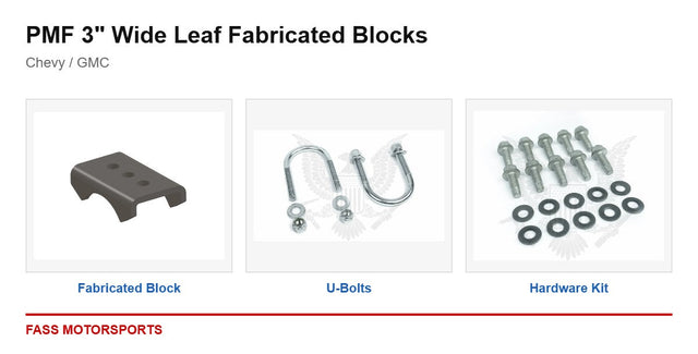 PMF 3 inch Wide Leaf Fabricated Blocks - Chevy / GMC - kit components
