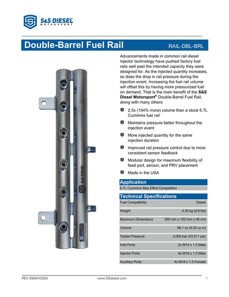 S&S Diesel Double-Barrel Fuel Rail for 2007–2018 Ram 2500/3500 6.7L Cummins