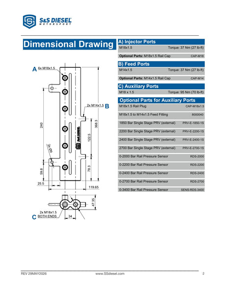 S&S Diesel Double-Barrel Fuel Rail for 2007–2018 Ram 2500/3500 6.7L Cummins