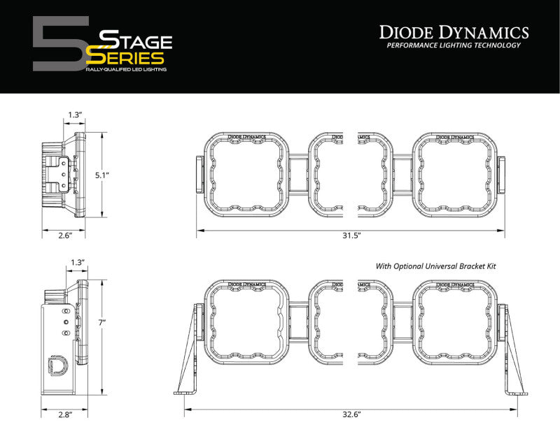 Diode Dynamics SS5 Pro Universal CrossLink 5-Pod Lightbar - Yellow Combo