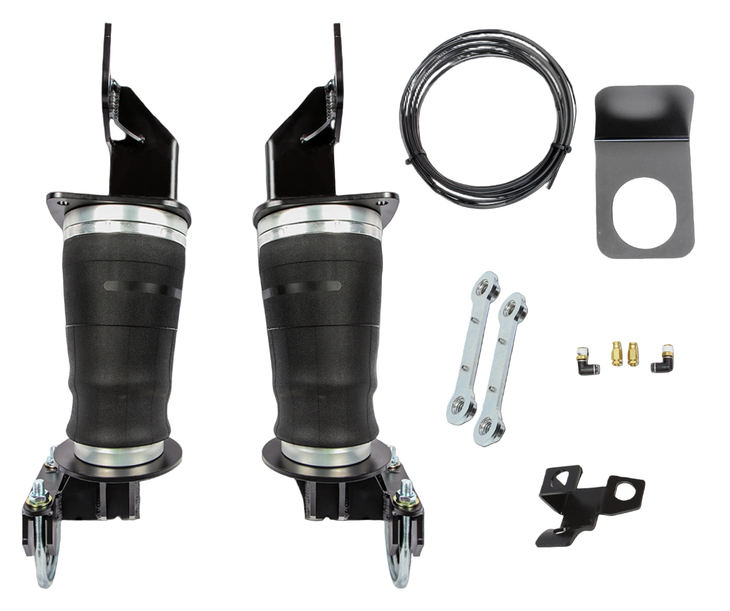 A set of black long travel airbags with mounting brackets and hardware for a Ford F250/F350 suspension system.