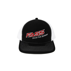 A black trucker style hat with a mesh back, featuring the logo 'FASS Diesel Fuel Systems' in white and red on the front.