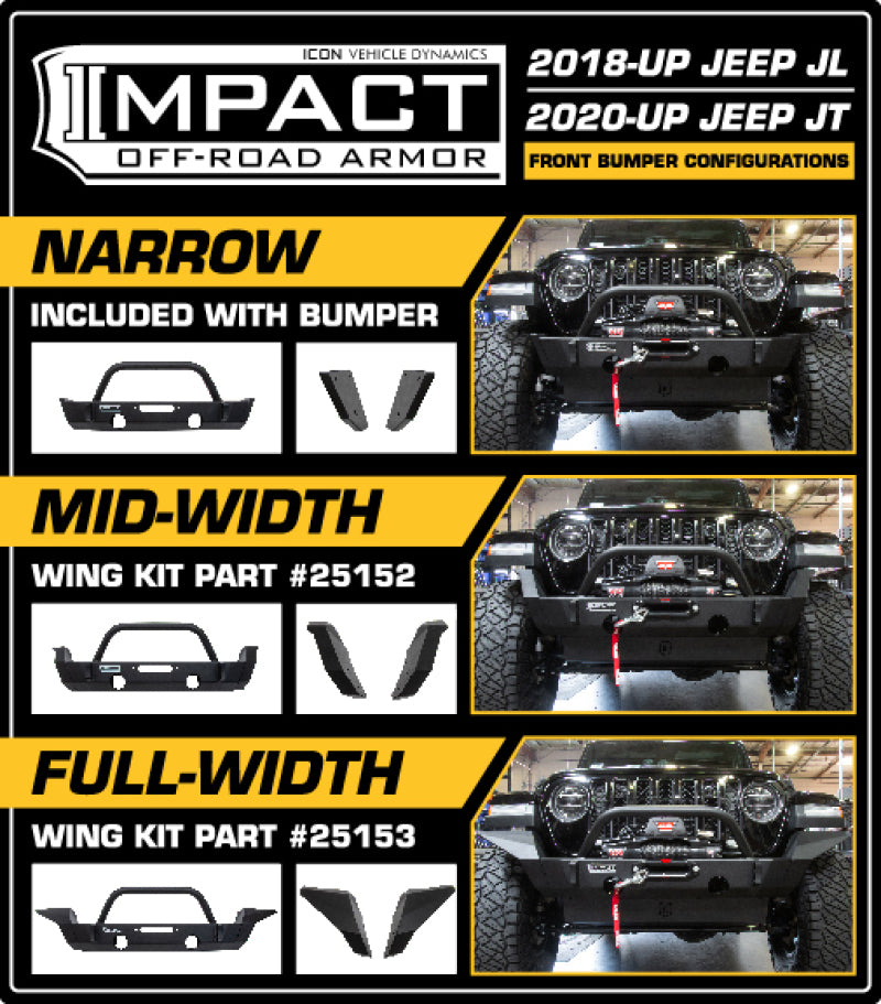 ICON Impact Armor 18-Up JL & 20-Up JT Wrangler Full Width Bumper Wing Kit, Front