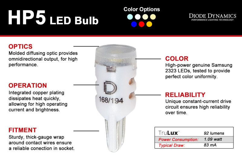 Diode Dynamics 194 LED Bulb HP5 LED Warm - White Short (Single)