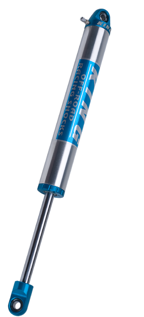 A King Shocks Steering Stabilizer with blue body and silver accents, designed for vehicle suspension systems.